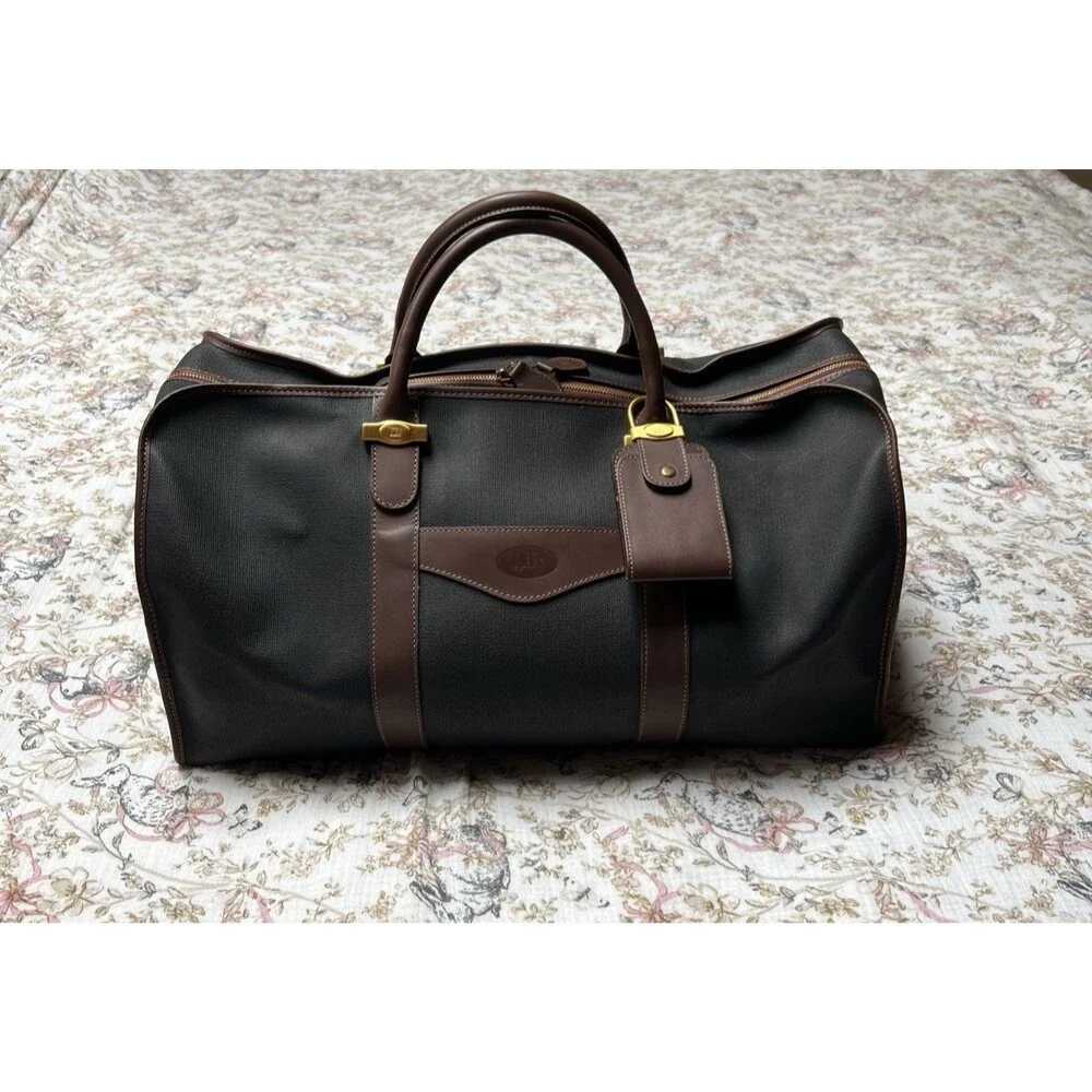 Dunhill Boston Weekender Bag Brown Leather Black Coated Canvas With Luggage Tag